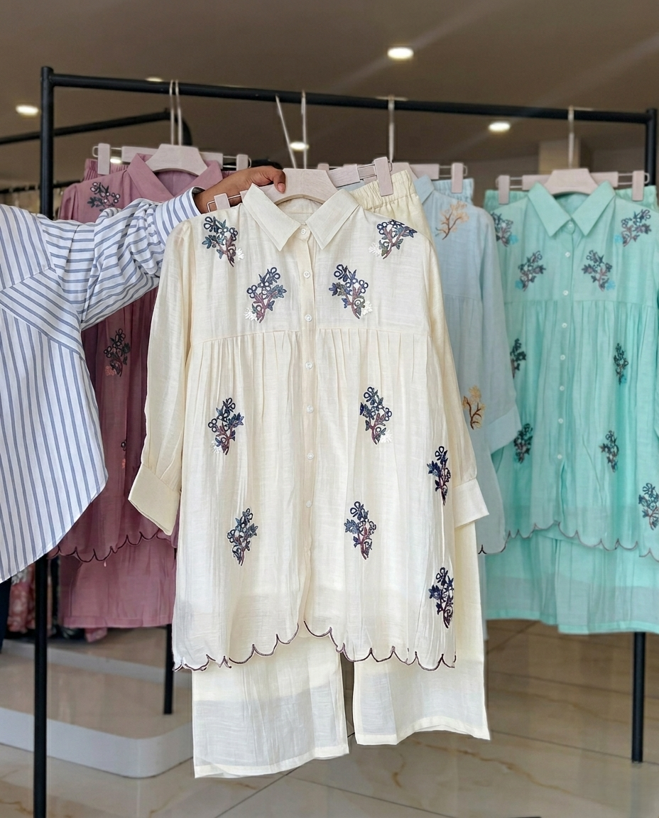 Oqen - Cream Embroidered Tissue Co Ord Set