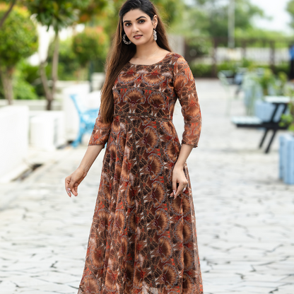 Earthy Brown Printed A-Line Dress