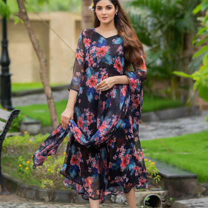 Black Floral Chiffon Dress with Dupatta