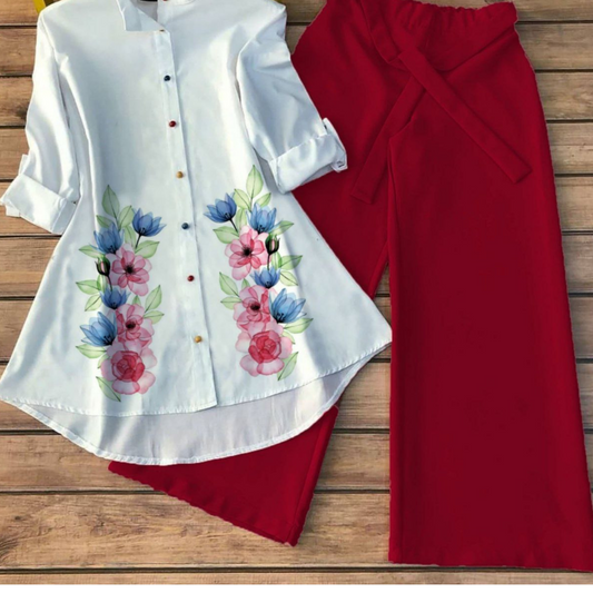 Blossom Crimson  - Women’s Floral Shirt & Wide-Leg Pant Set