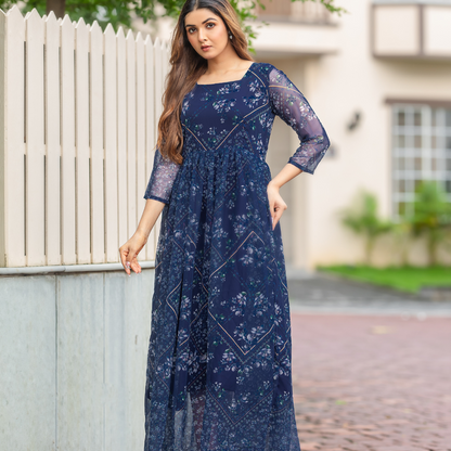 Navy Blue Floral Long-Sleeve Maxi Dress