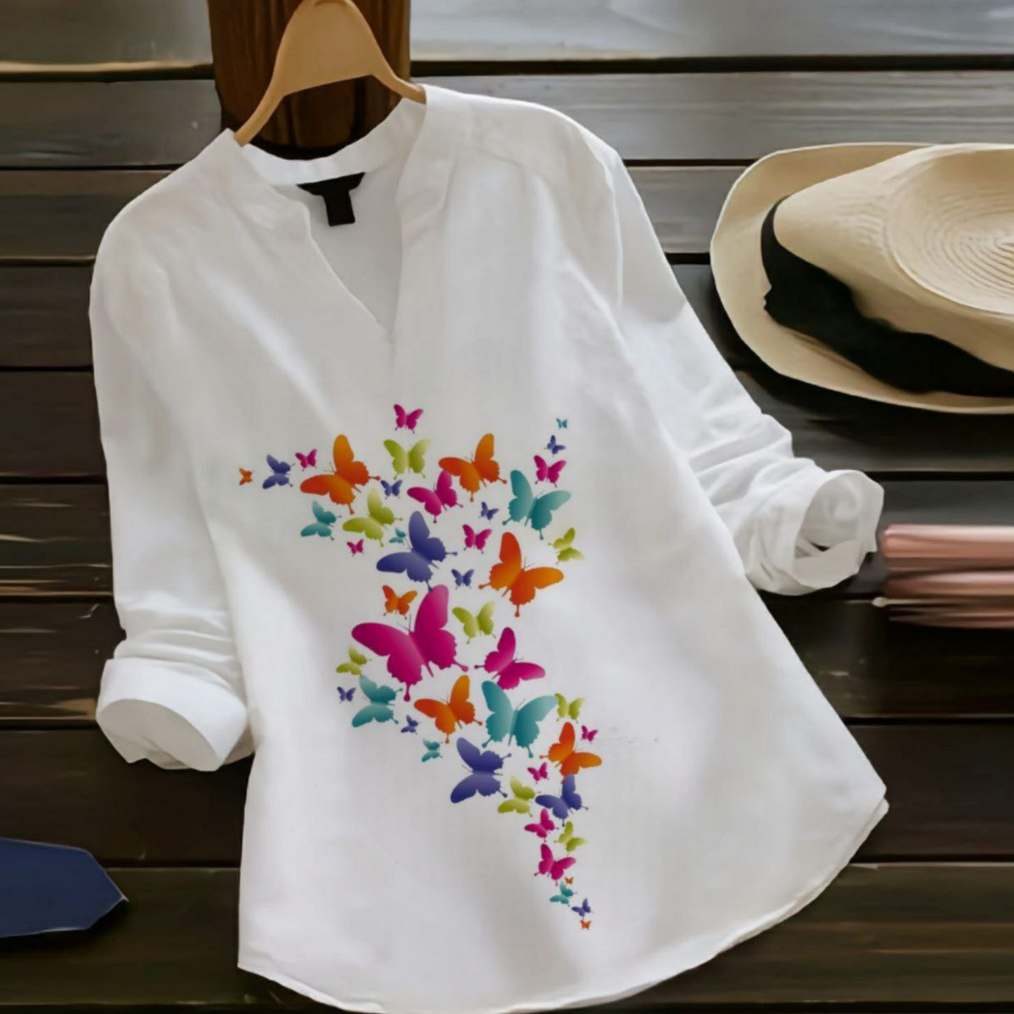 Floral Whispers-Butterfly Cascade- Women’s Embroidered White Tops