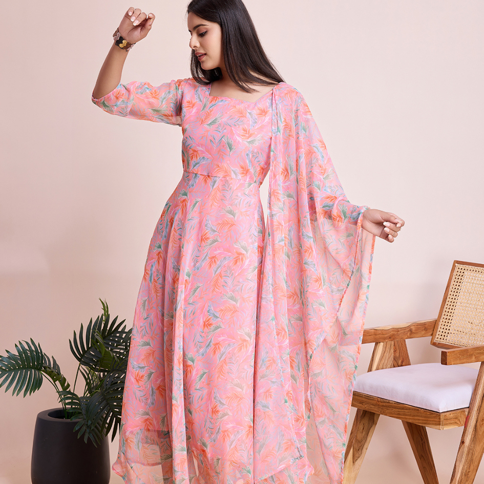 Peach Pastel Leaf Print Maxi Dress with Flowy Dupatta