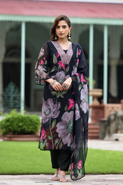 Floral Symphony - Black Printed Kurta Set