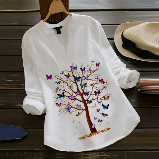 Floral Whispers-Butterfly Grove- Women’s Embroidered White Tops