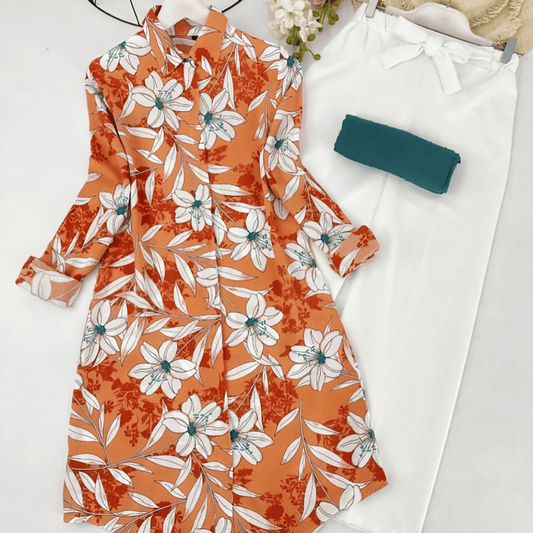 Floral Orange Longline Tunic with Belted Trousers.