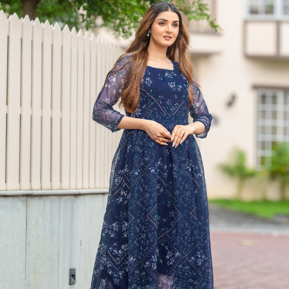 Navy Blue Floral Long-Sleeve Maxi Dress