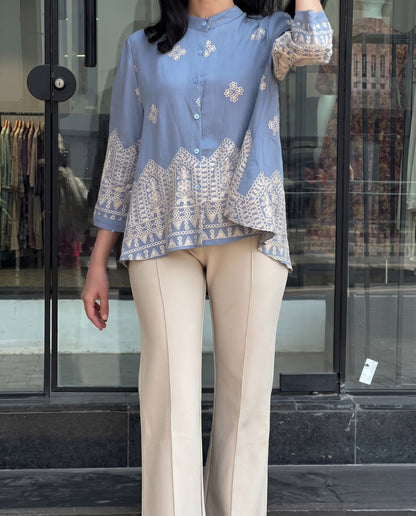Zivo - Blue Chain Embroidered Premium Silk Blend Top With Pant