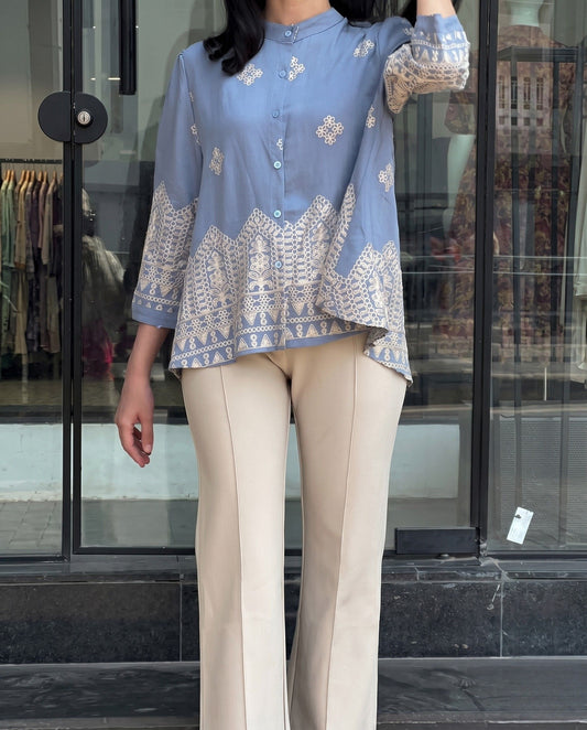 Zivo - Blue Chain Embroidered Premium Silk Blend Top With Pant