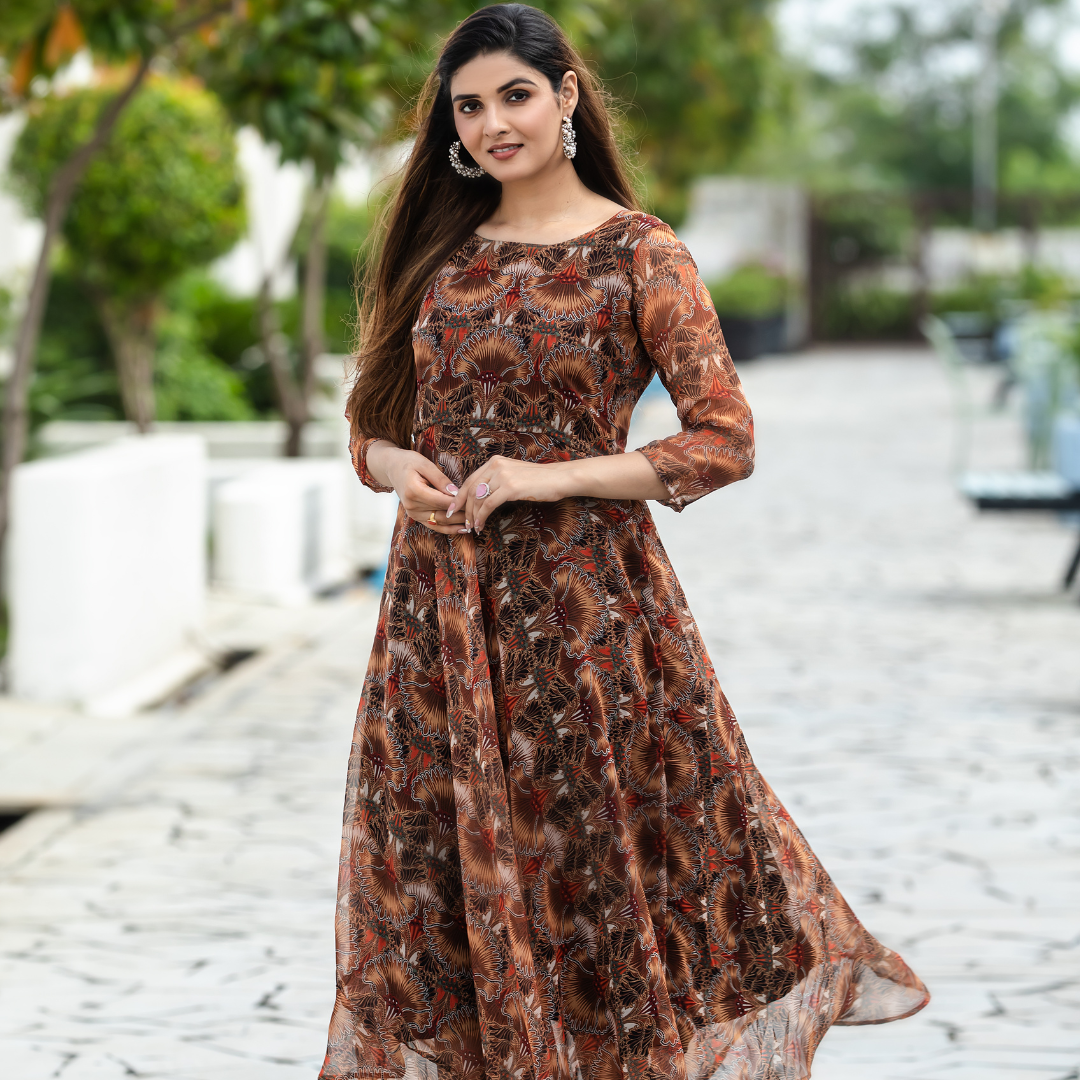 Earthy Brown Printed A-Line Dress