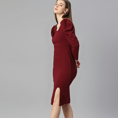 Wine Puff Sleeve Bodycon Dress with Slit