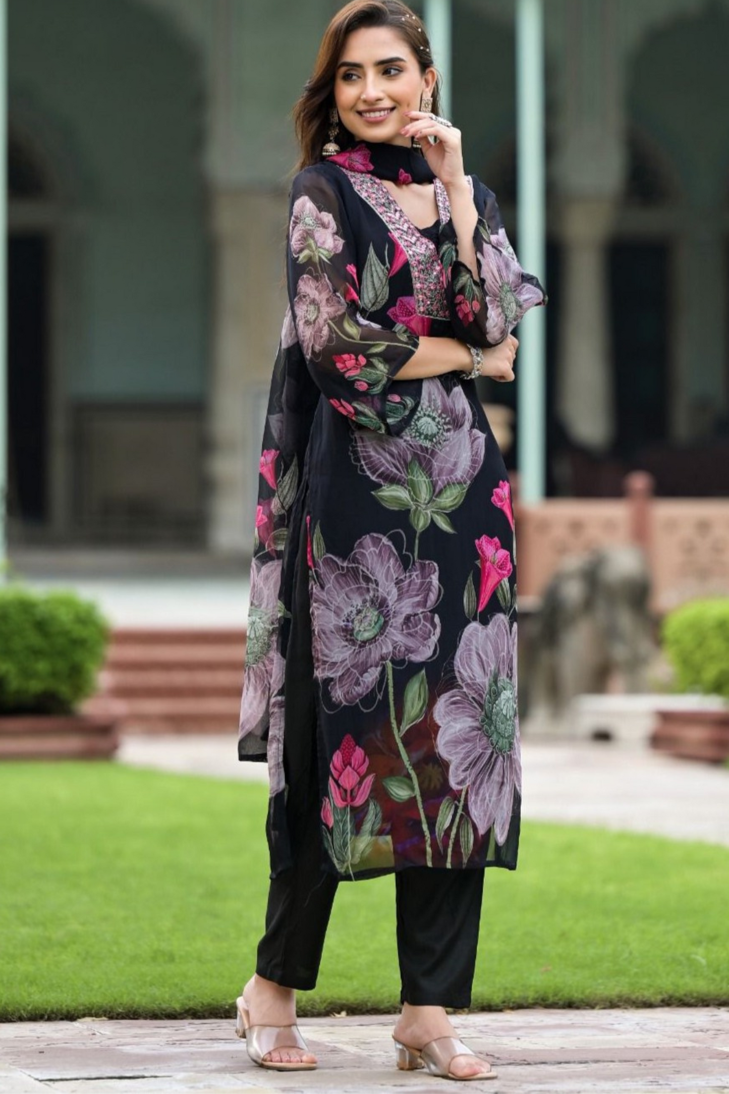 Floral Symphony - Black Printed Kurta Set