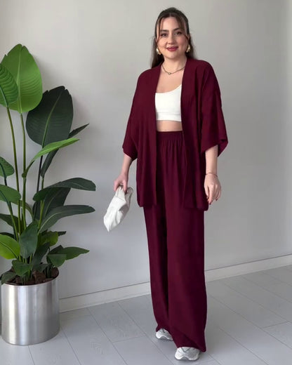 Amora - Wine Breezy Kimono Palazzo Co-Ord Set