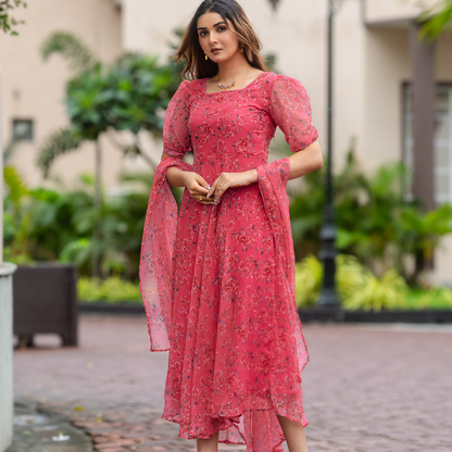 Floral Pink A-Line Dress with Puff Sleeves