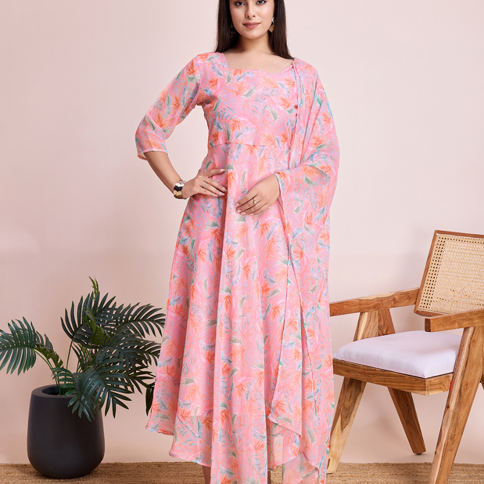 Peach Pastel Leaf Print Maxi Dress with Flowy Dupatta