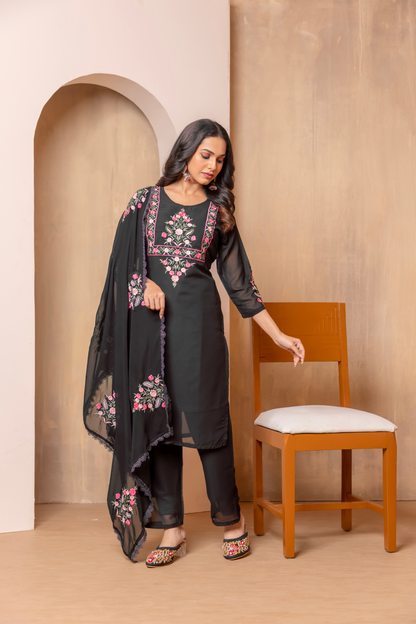 Noir Bloom- Embroidered Cotton Kurta Set