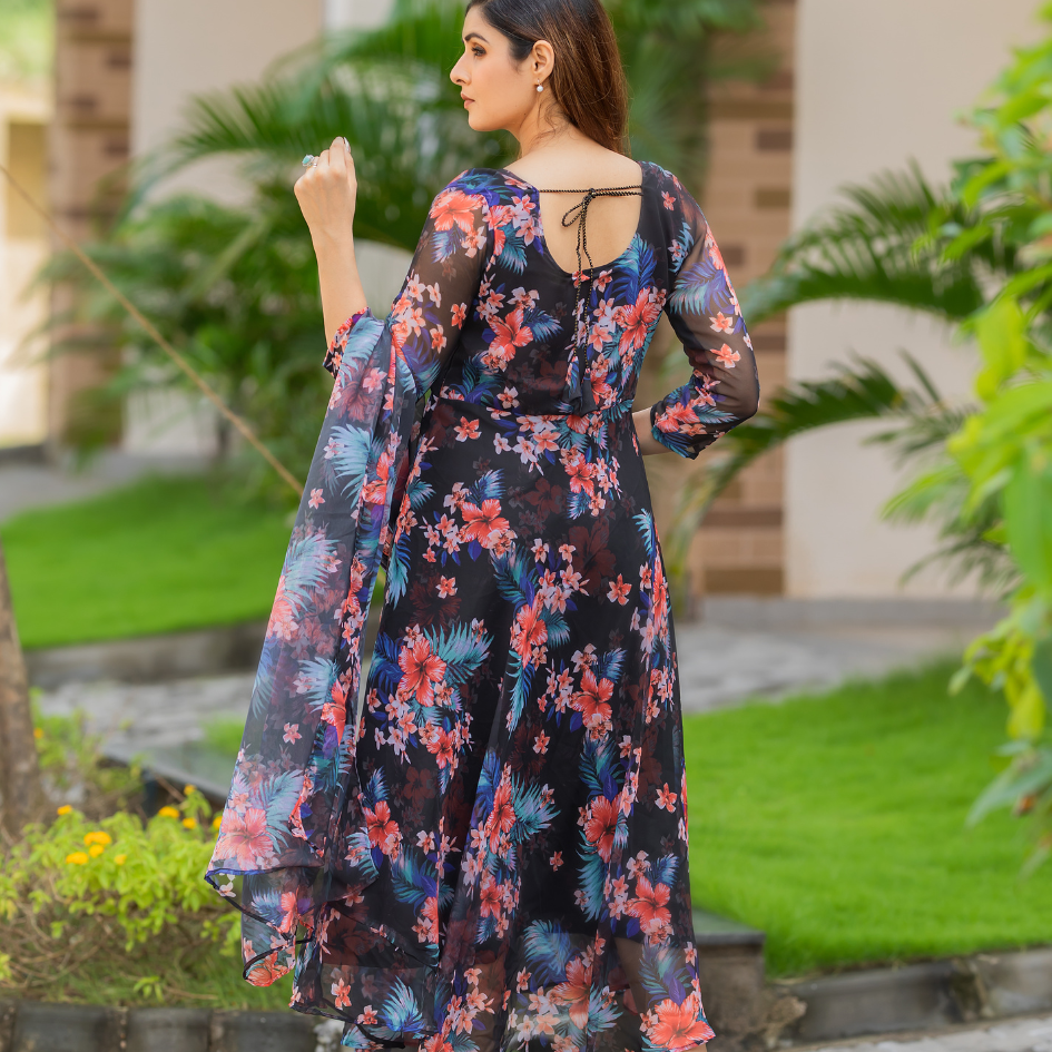 Black Floral Chiffon Dress with Dupatta – Ceryn