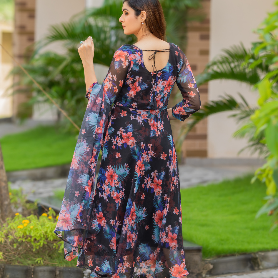 Black Floral Chiffon Dress with Dupatta