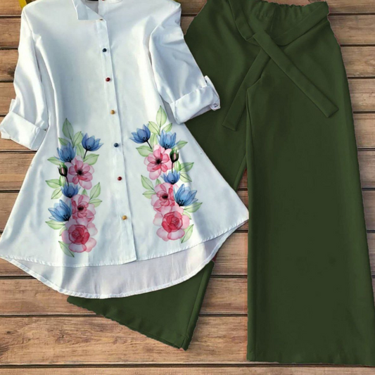 Blossom Verdant  - Women’s Floral Shirt & Wide-Leg Pant Set