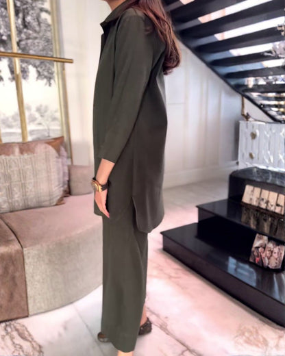 Mira – Deep Olive Cotton Co-ord Set with Plain Finish