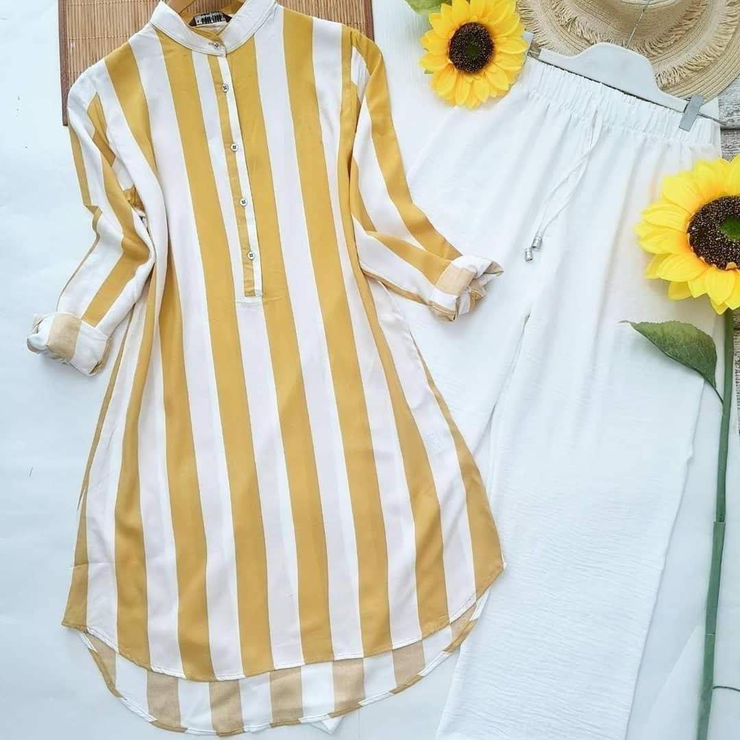 Strip Yellow Printed Kurti with Imported Lycra Plazzo Set