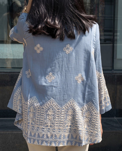 Zivo - Blue Chain Embroidered Premium Silk Blend Top With Pant