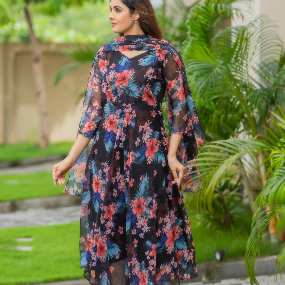 Black Floral Chiffon Dress with Dupatta