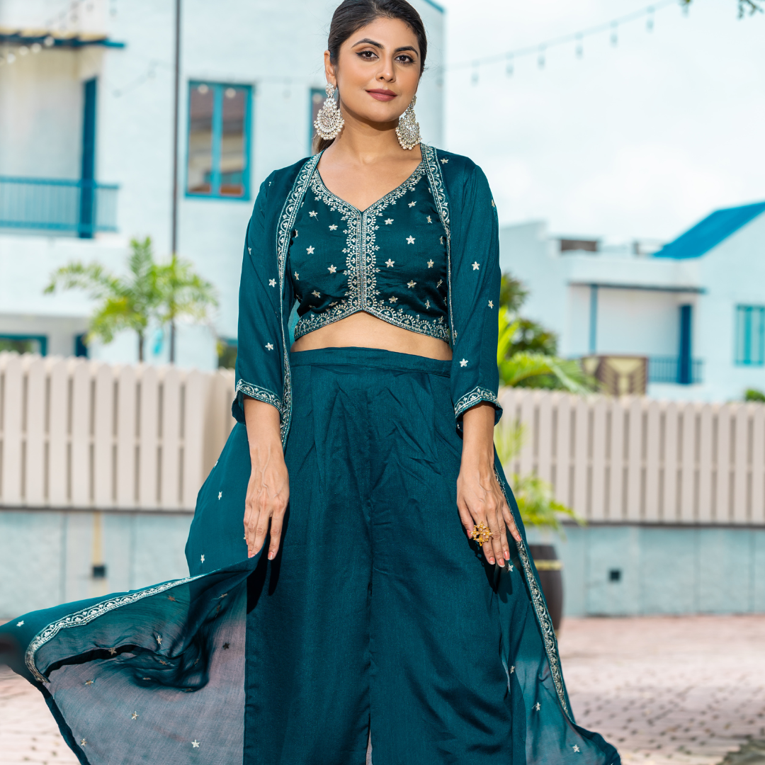 Midnight Rama Green Embellished Crop Top and Palazzo Set