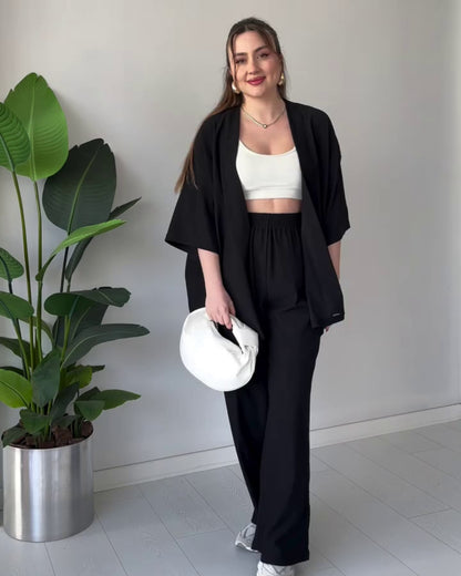 Amora - Black Breezy Kimono Palazzo Co-Ord Set