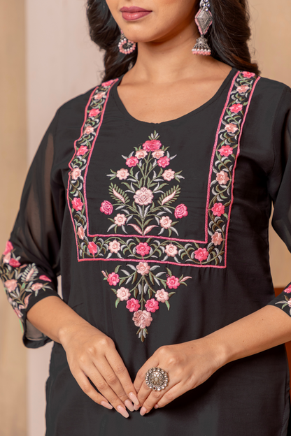 Noir Bloom- Embroidered Cotton Kurta Set