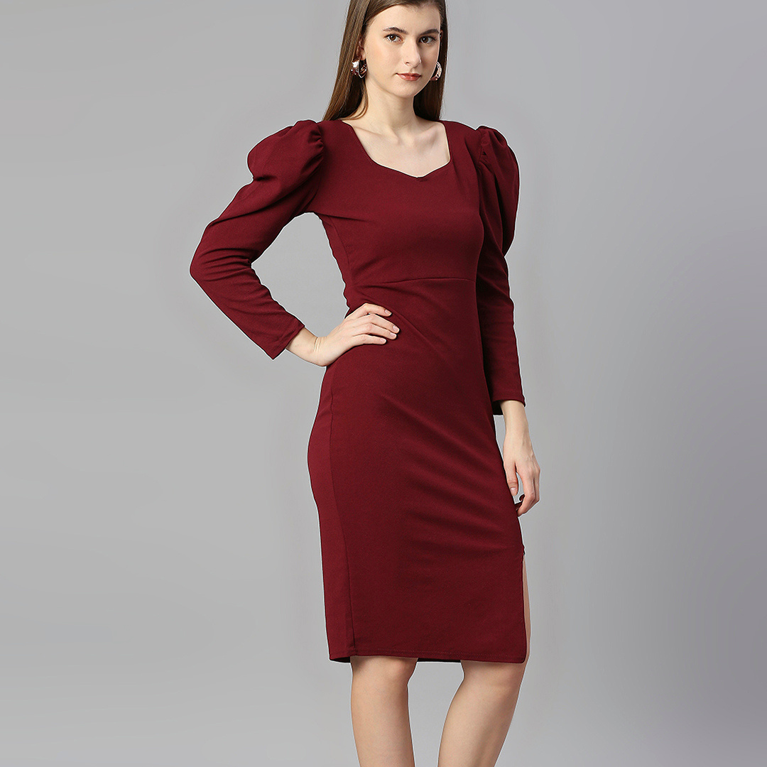 Wine Puff Sleeve Bodycon Dress with Slit