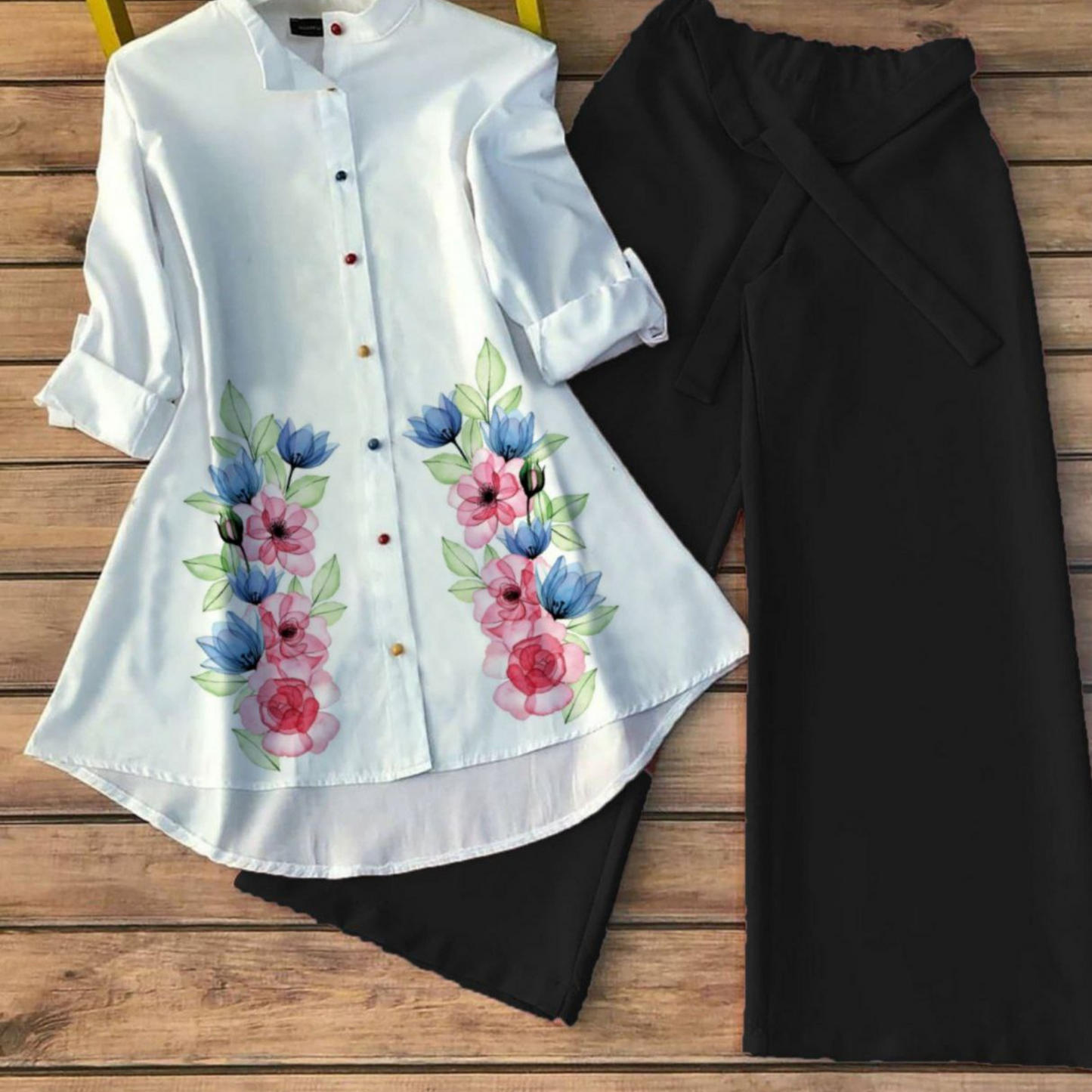 Blossom Noir - Women’s Floral Shirt & Wide-Leg Pant Set