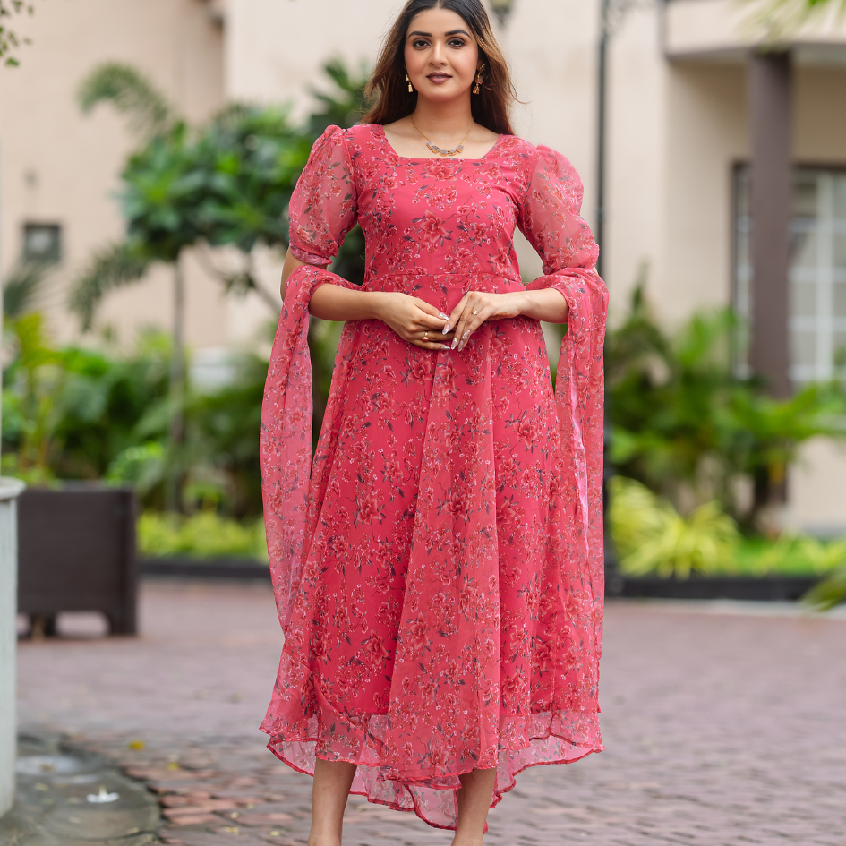 Floral Pink A-Line Dress with Puff Sleeves