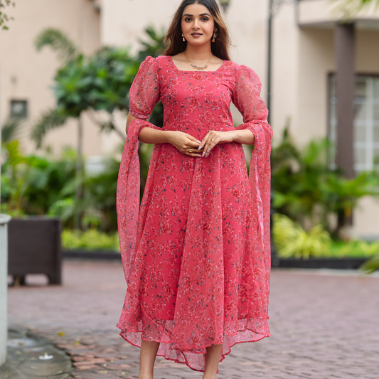 Floral Pink A-Line Dress with Puff Sleeves