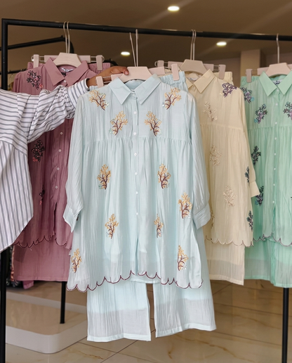 Oqen - Sky Blue Embroidered Tissue Co Ord Set
