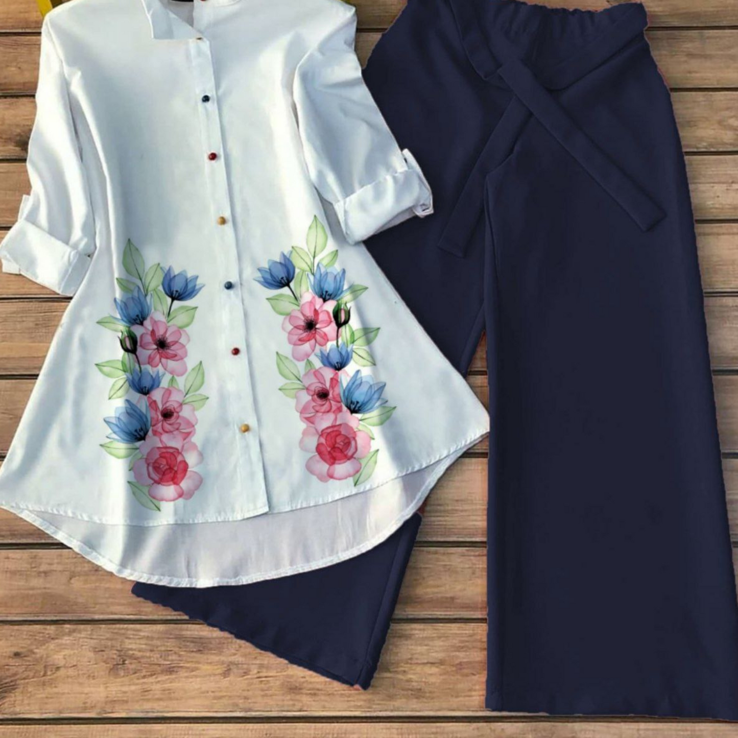 Blossom Midnight - Women’s Floral Shirt & Wide-Leg Pant Set