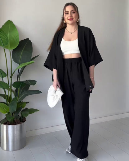 Amora - Black Breezy Kimono Palazzo Co-Ord Set