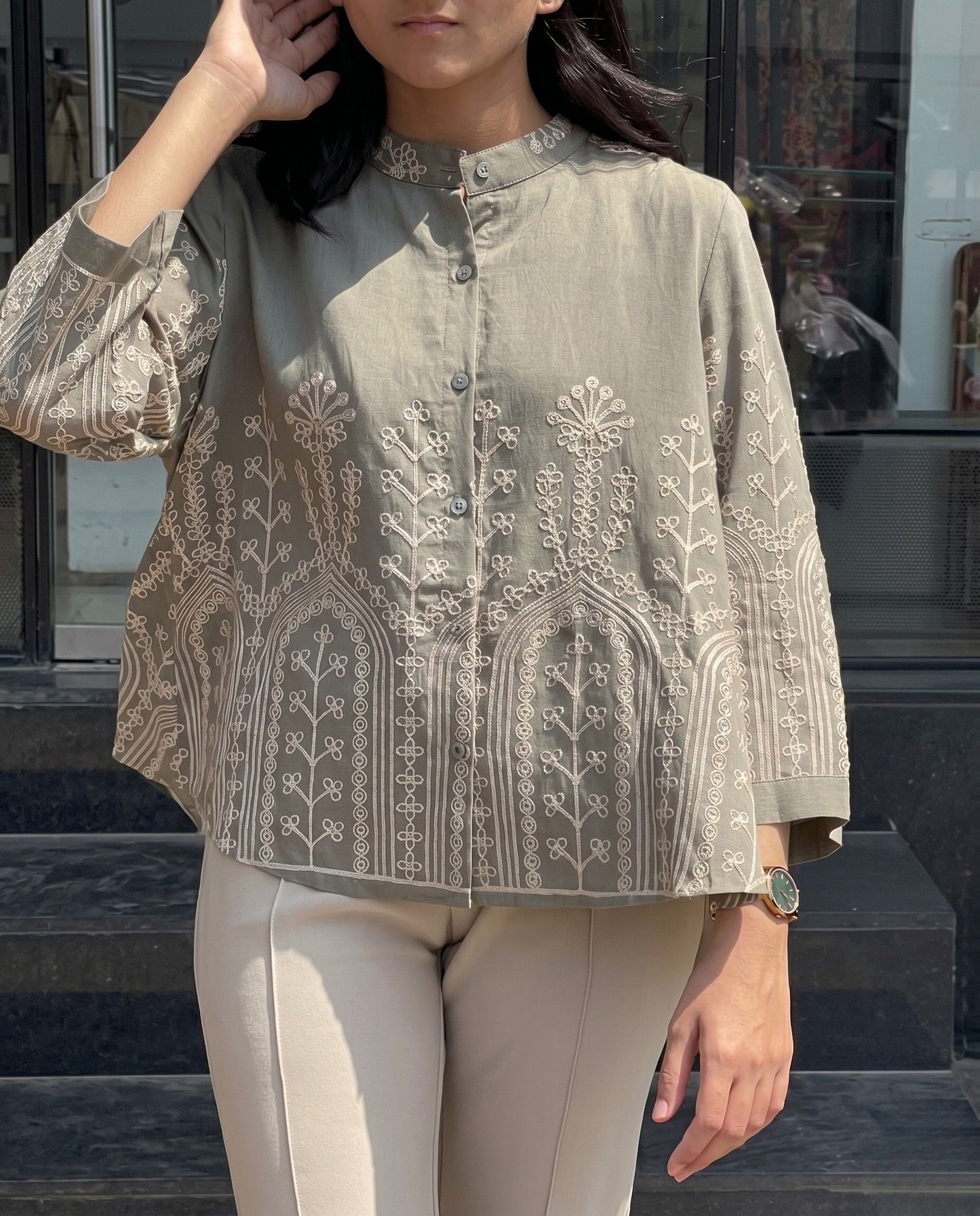 Zivo - Olive Chain Embroidered Premium Silk Blend Top With Pant