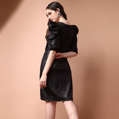 Faux Black Leather Puff Sleeve Wrap Dress