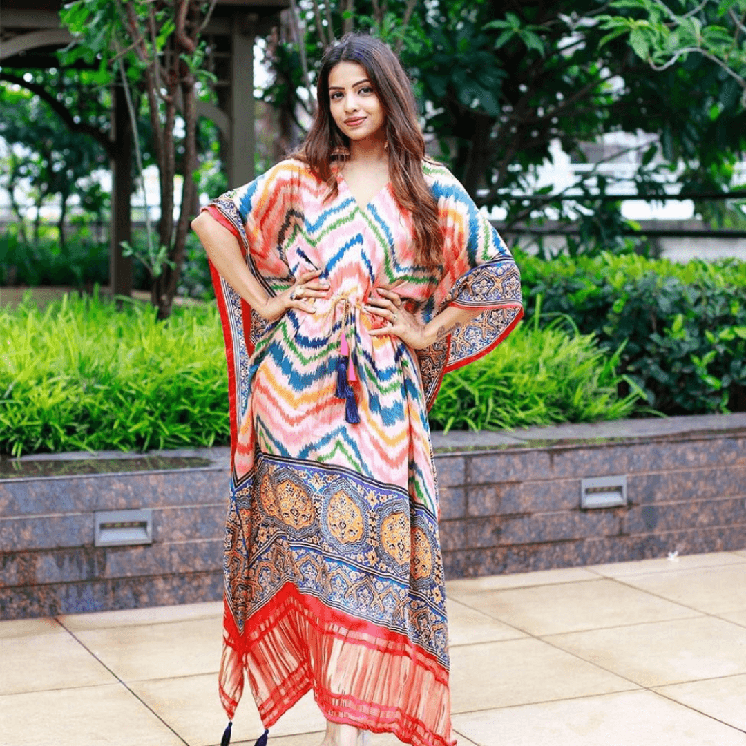 Color Orange Wave Print Wonder Satin Kaftan