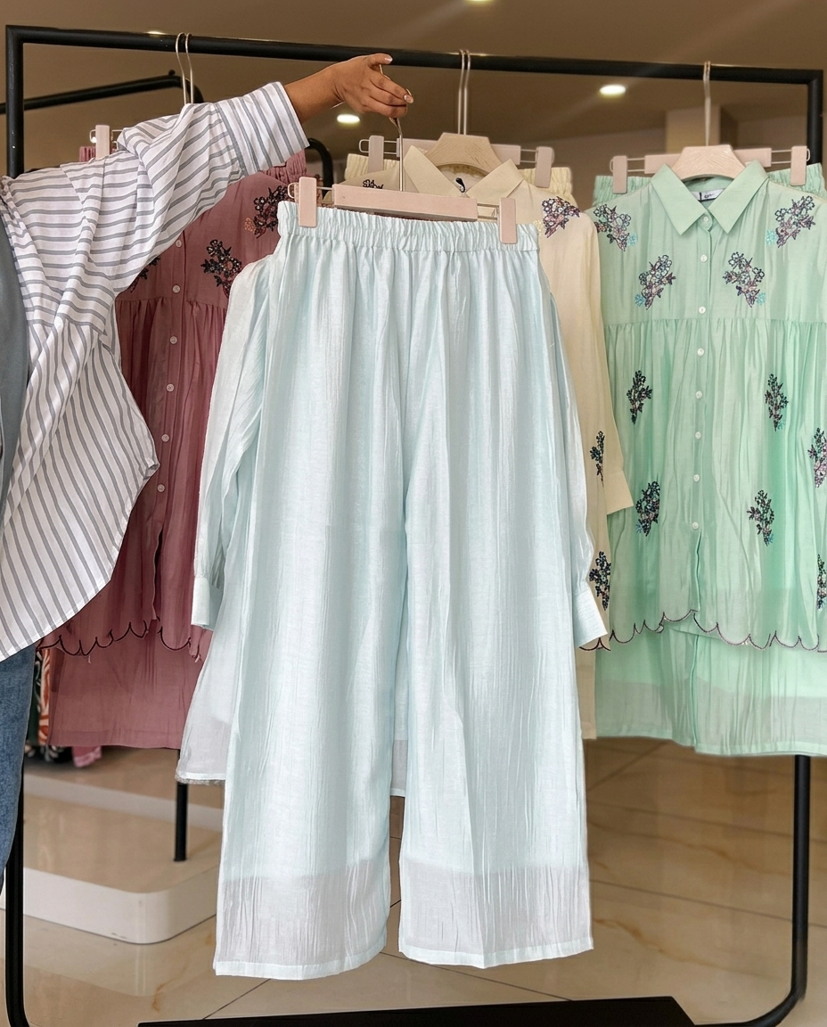 Oqen - Sky Blue Embroidered Tissue Co Ord Set