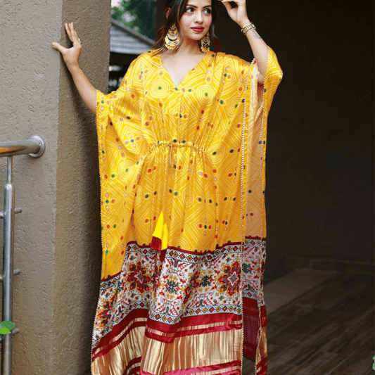 Colourful Yellow Polca Dots Satin Kaftan