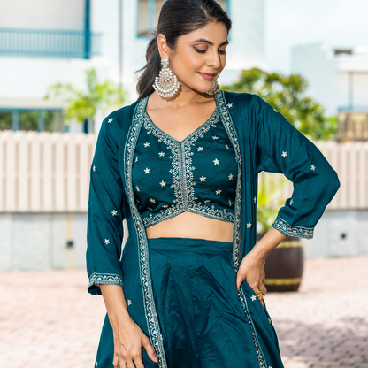 Midnight Rama Green Embellished Crop Top and Palazzo Set