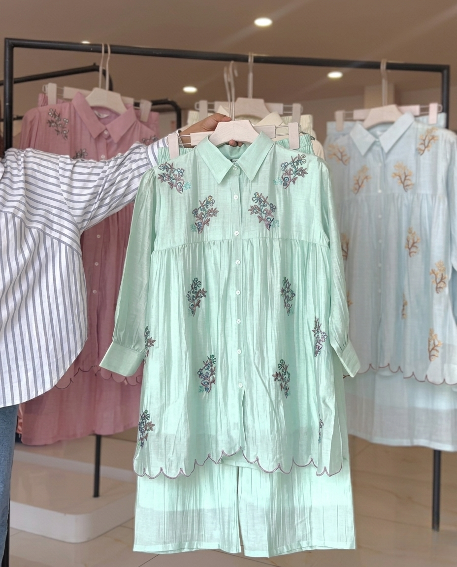 Oqen - Mint Green Embroidered Tissue Co Ord Set