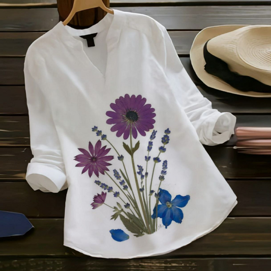 Floral Whispers-Lavender Bloom - Women’s Embroidered White Tops