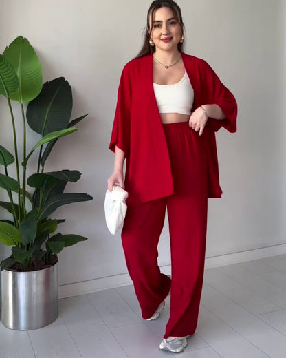 Amora - Red Breezy Kimono Palazzo Co-Ord Set