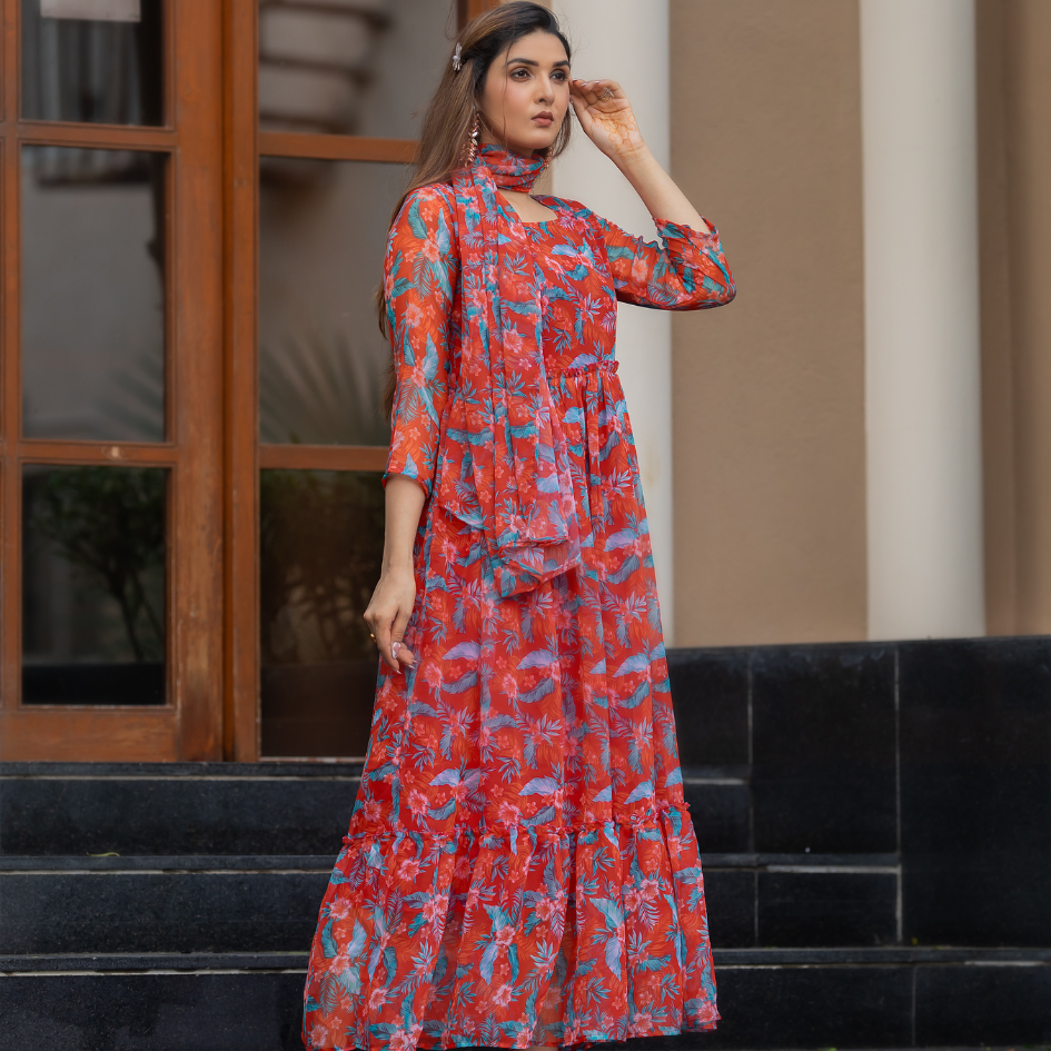 Rust Red Leaf Print Maxi Dress