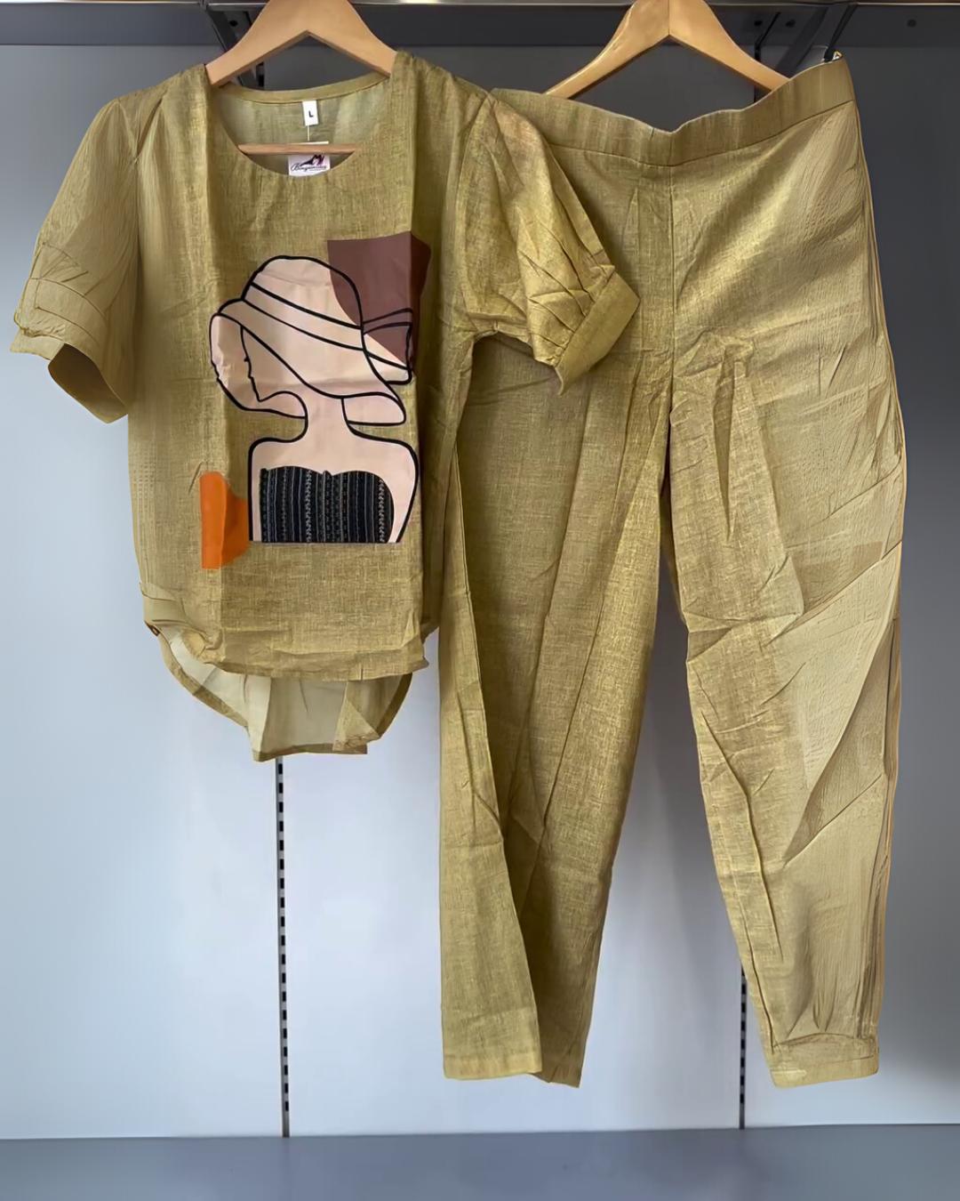 Aneesha Co-ord Set – Olive Mustard Linen Blend with Abstract Lady Print