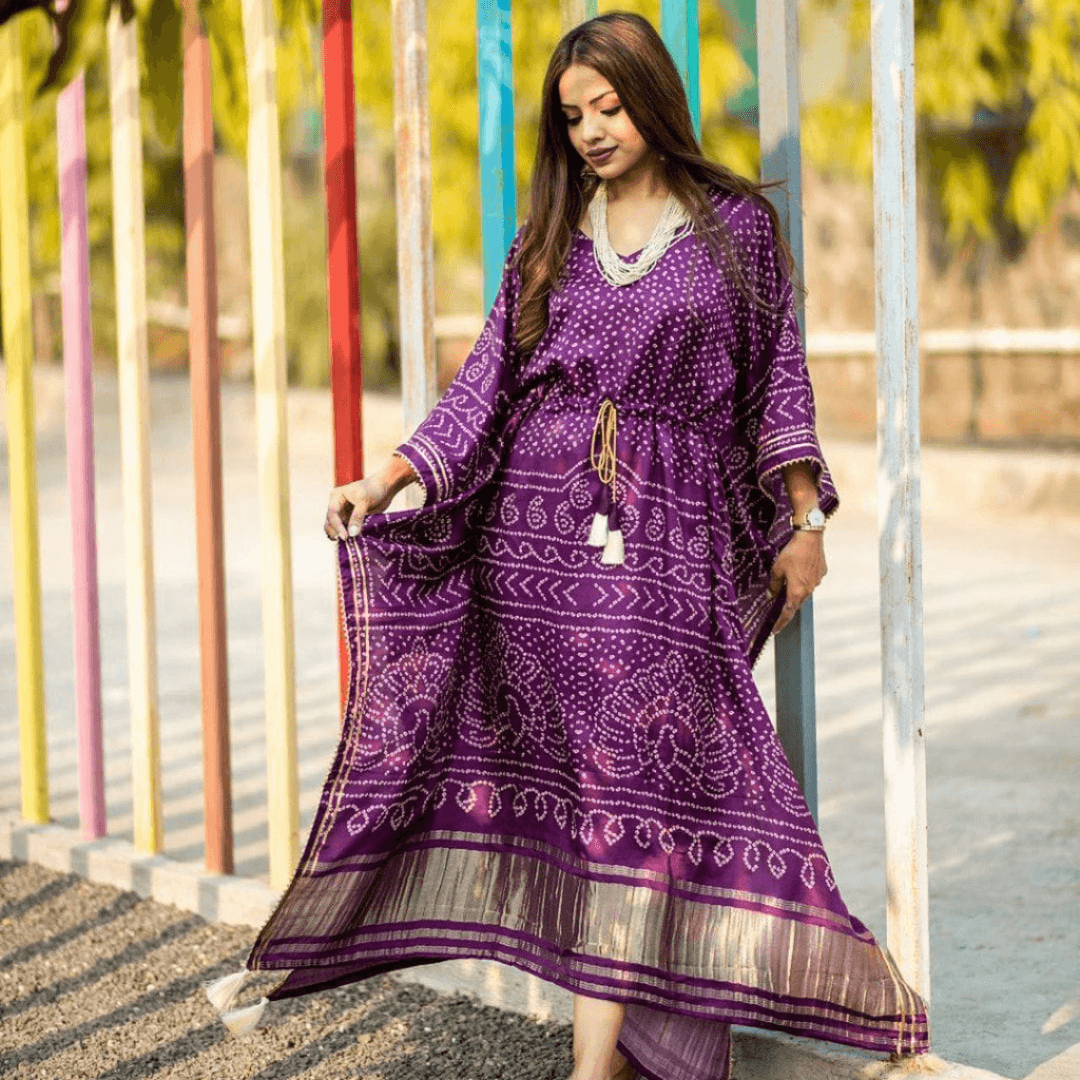 Color Purple Bandhani Print Wonder Satin Kaftan