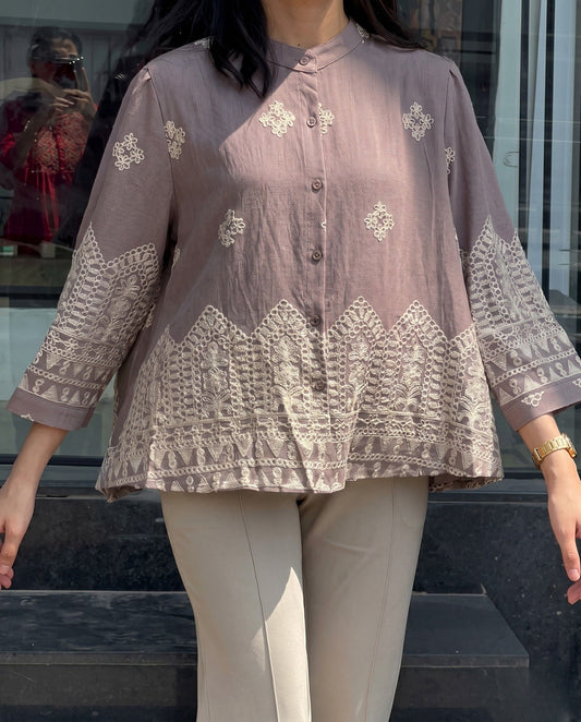 Zivo - Mauve Chain Embroidered Premium Silk Blend Top With Pant